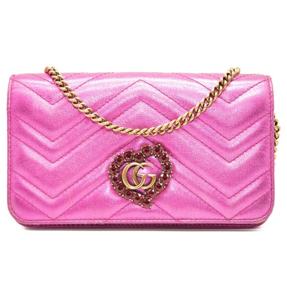 Gucci Handbags - Gucci Metallic Calfskin Matelasse Crystal GG Marmont Mini Bag Fuchsia